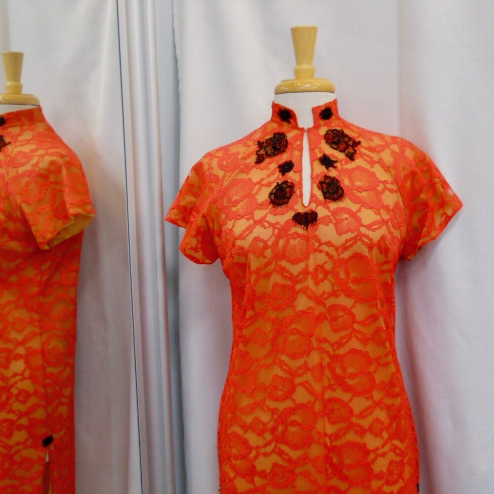 Vintage 1960s Flame Red Lace Cheong Sam Qipao Dress